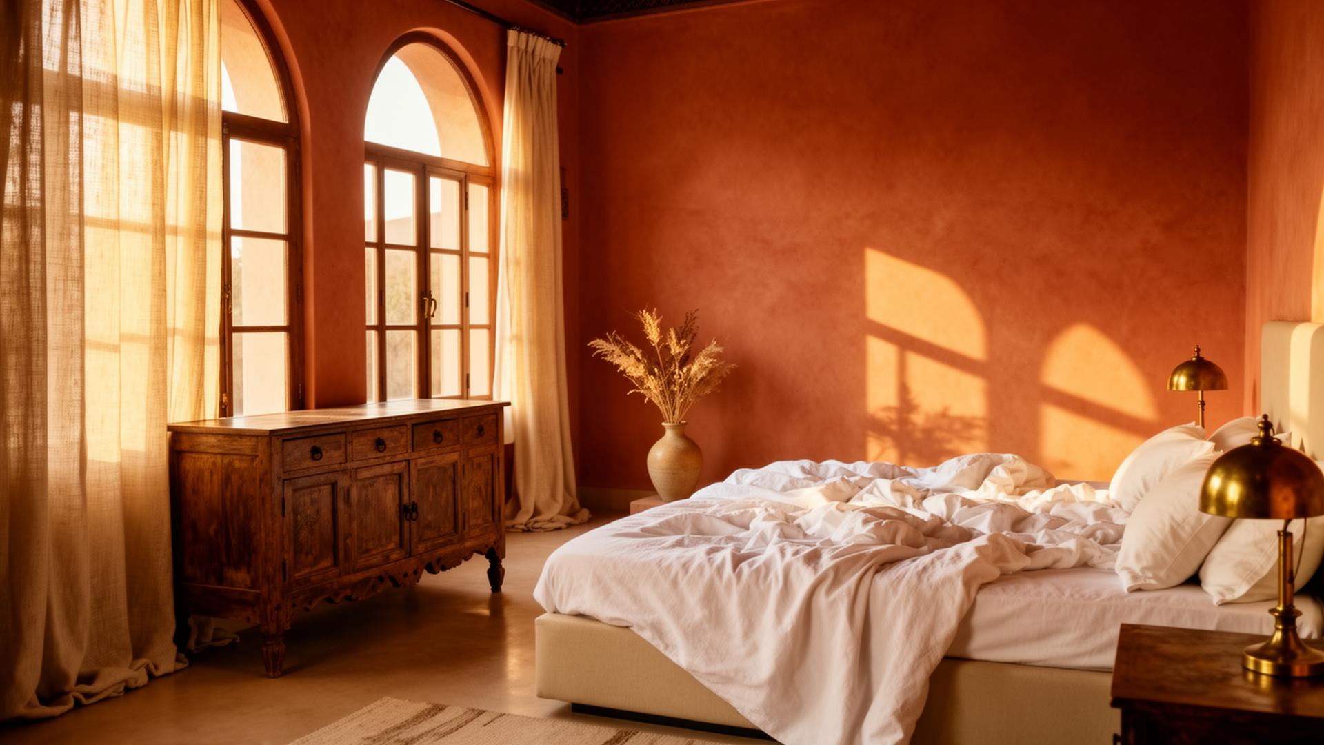Een Marrakech-slaapkamer in gouden licht, met terracotta muren en linnen lakens
